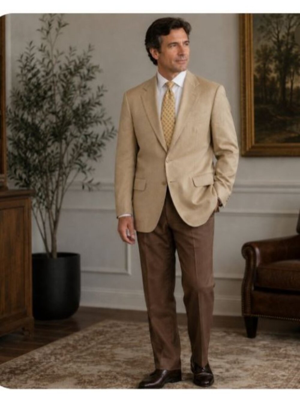 Adolfo International Men’s 44R Tan 100% Silk Blazer Sport Coat Two Button Office